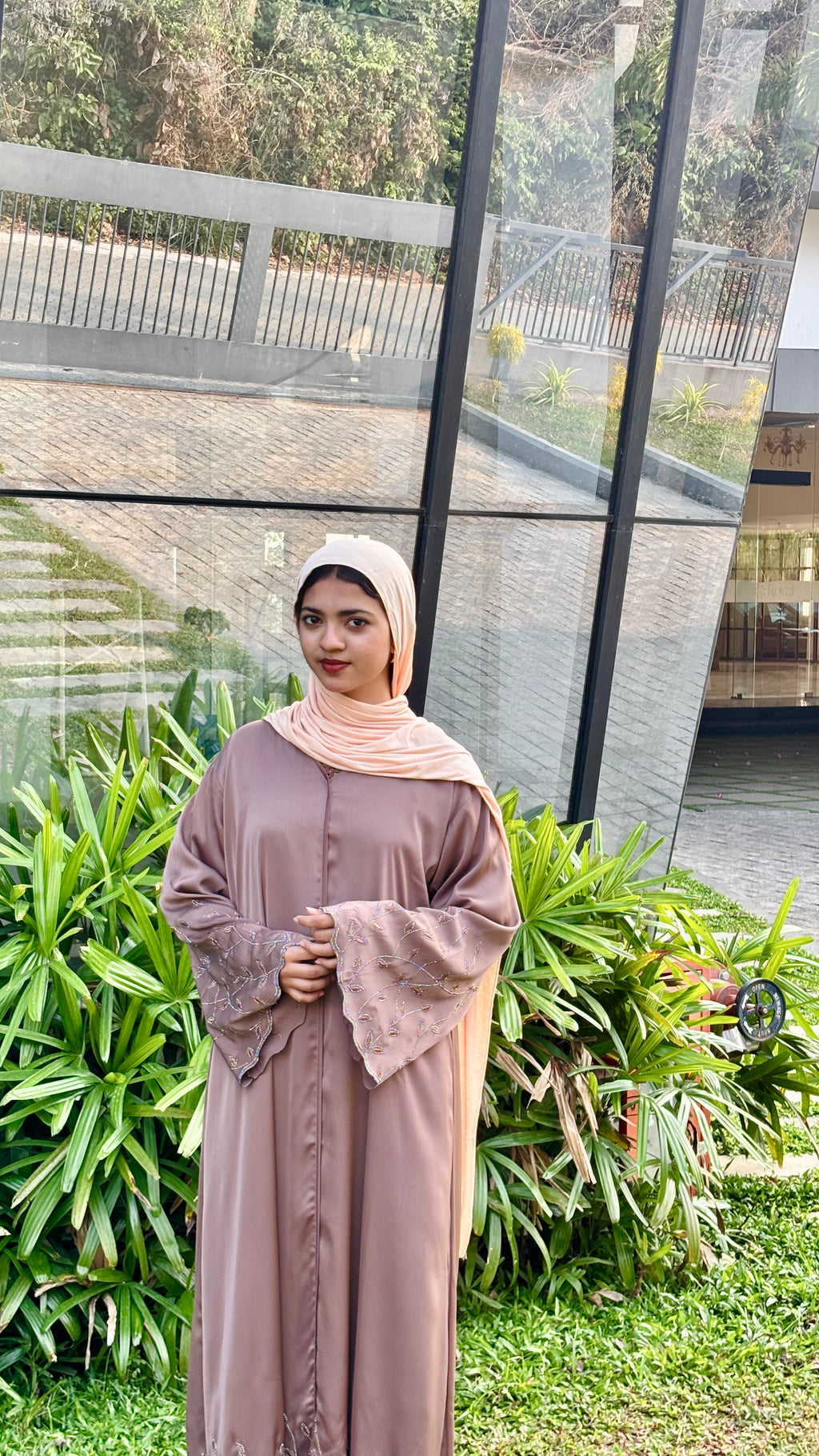 Premium TikTok Fabric Abaya with Elegant Stone Work-biege