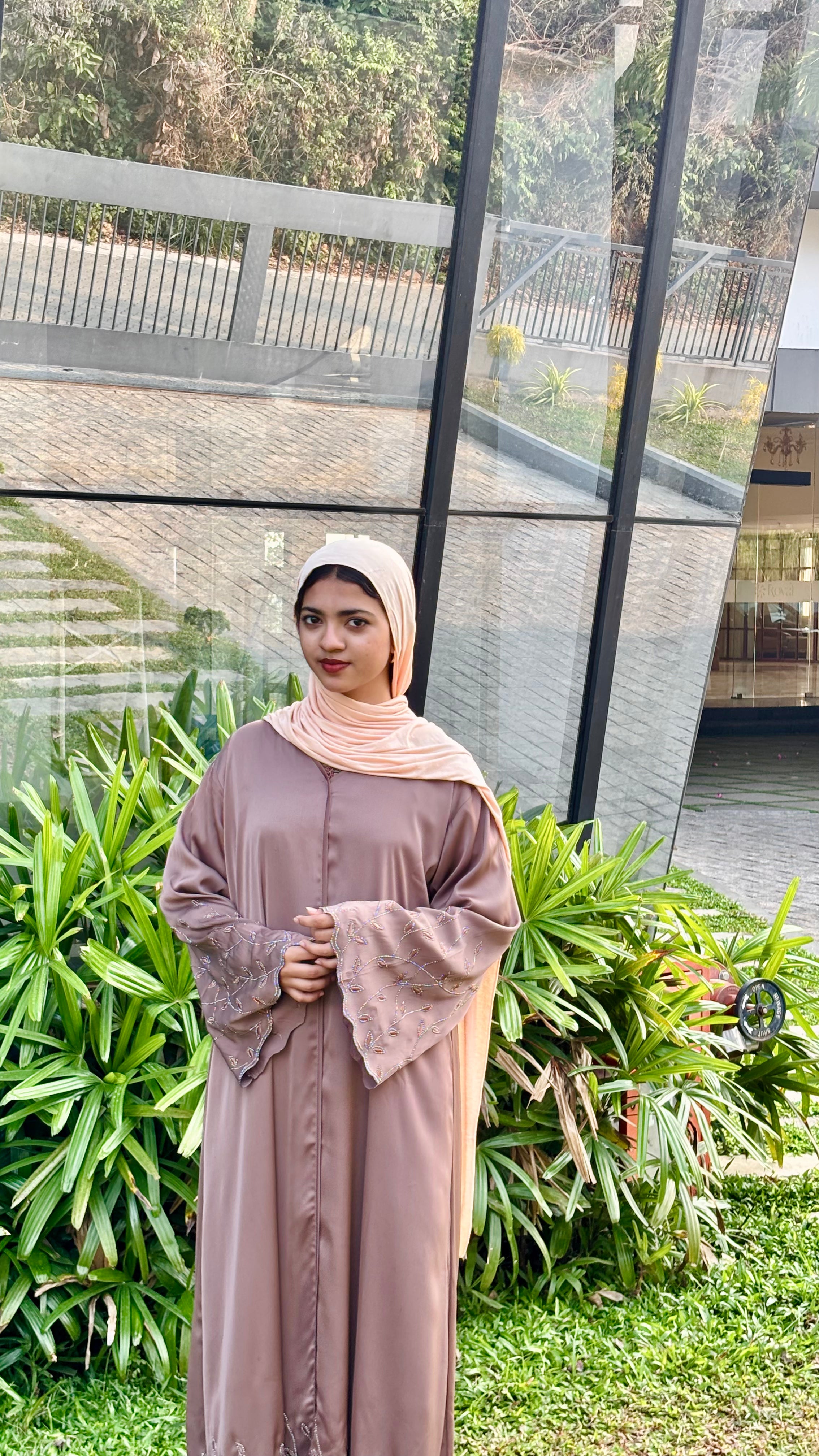 Premium TikTok Fabric Abaya with Elegant Stone Work-biege