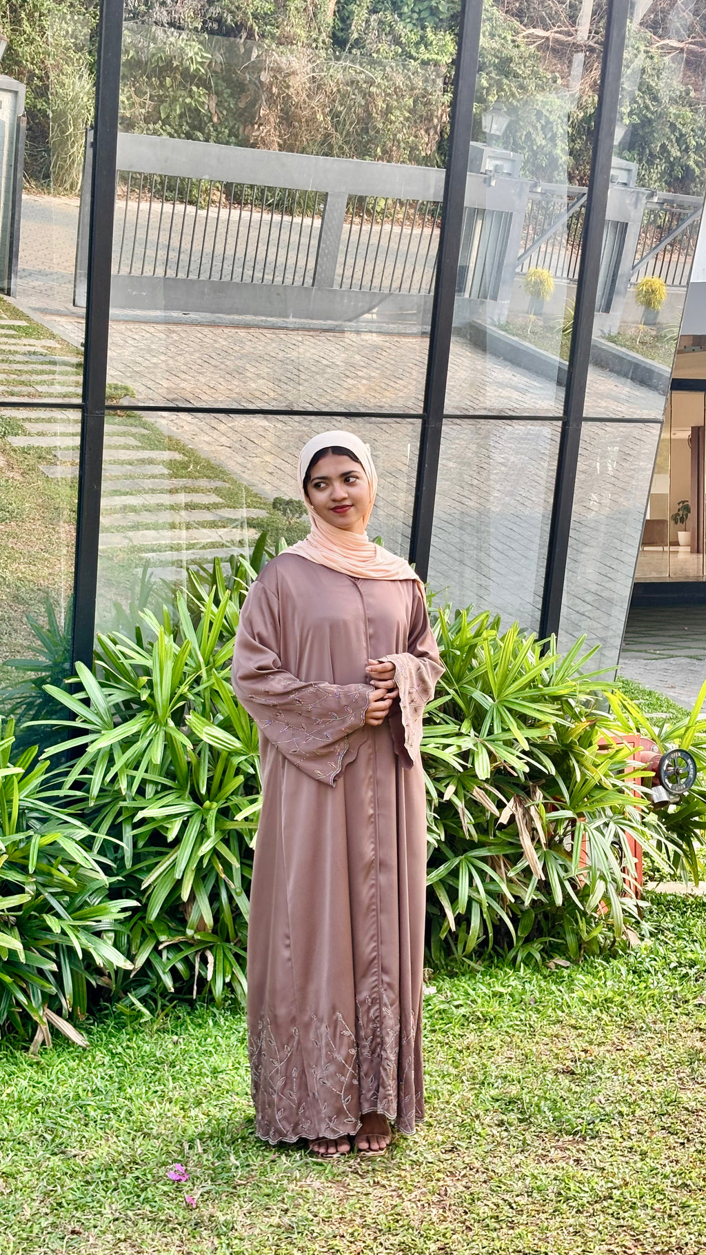 Premium TikTok Fabric Abaya with Elegant Stone Work-biege