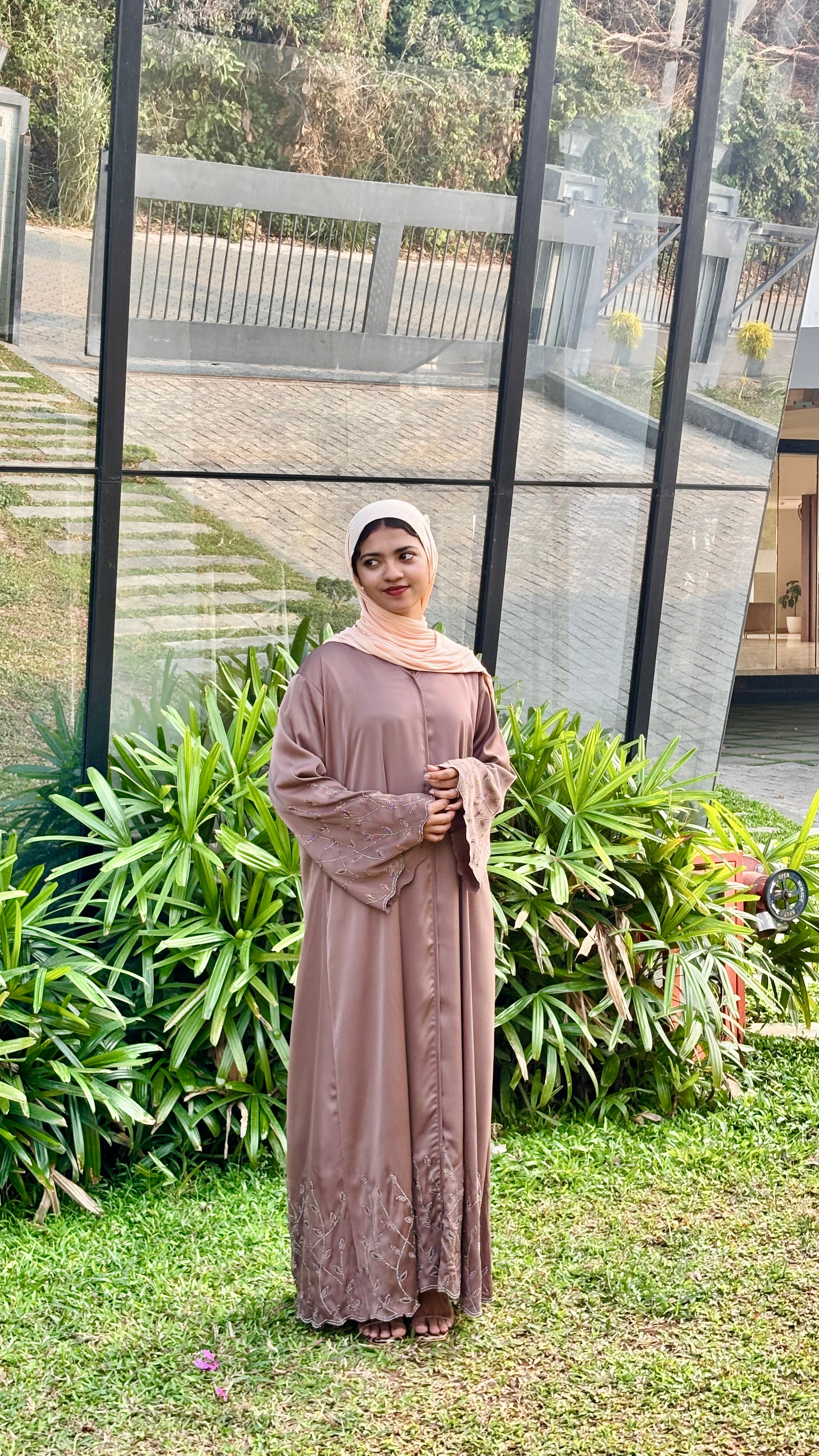 Premium TikTok Fabric Abaya with Elegant Stone Work-biege