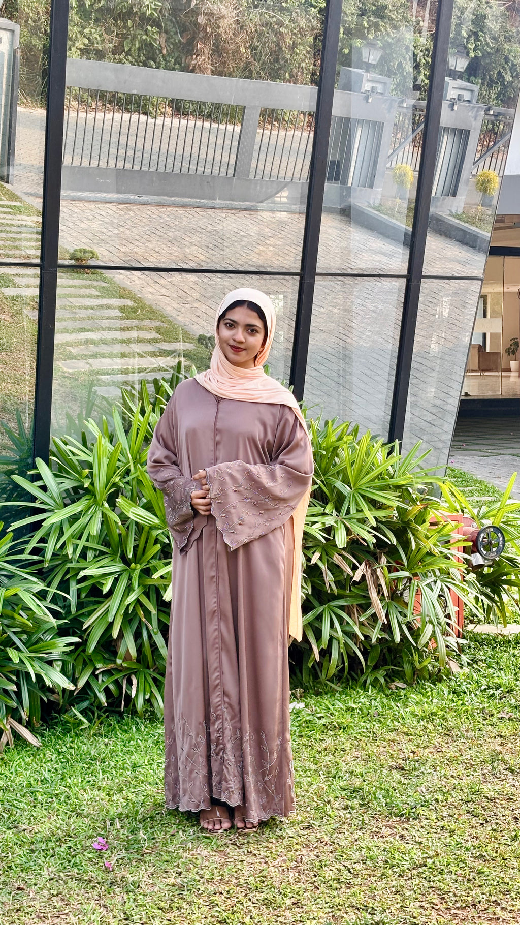 Premium TikTok Fabric Abaya with Elegant Stone Work-biege