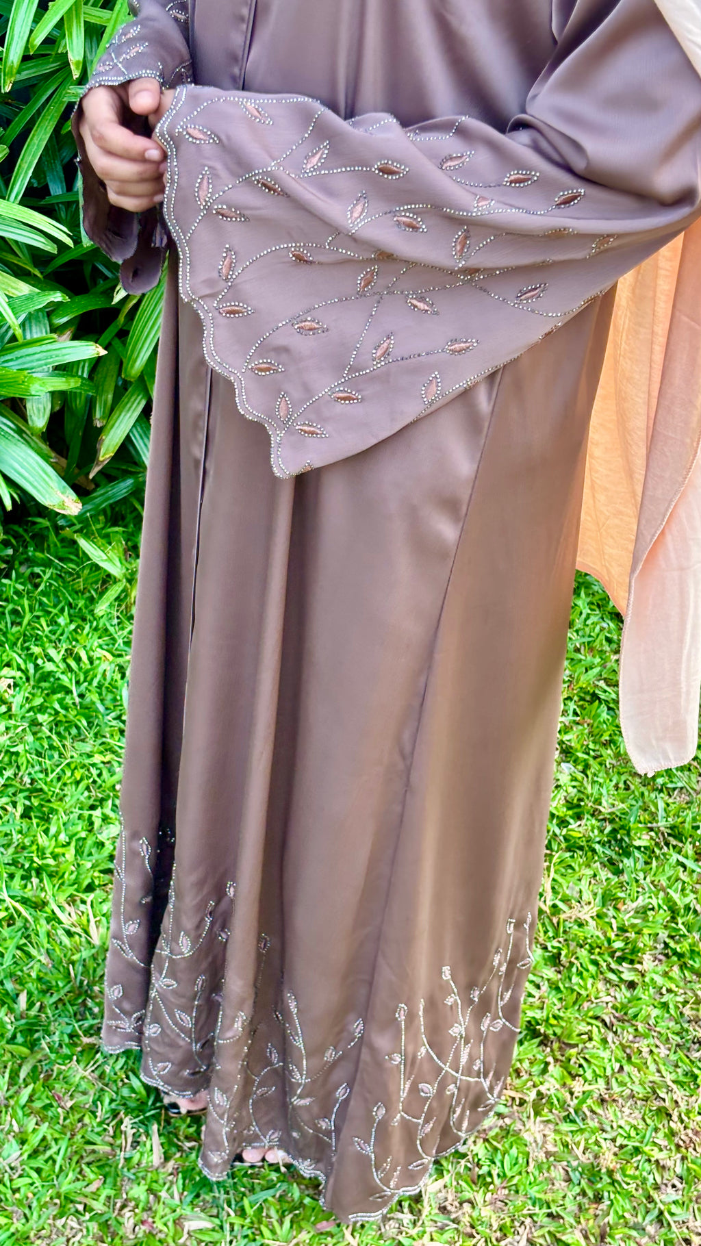 Premium TikTok Fabric Abaya with Elegant Stone Work-biege