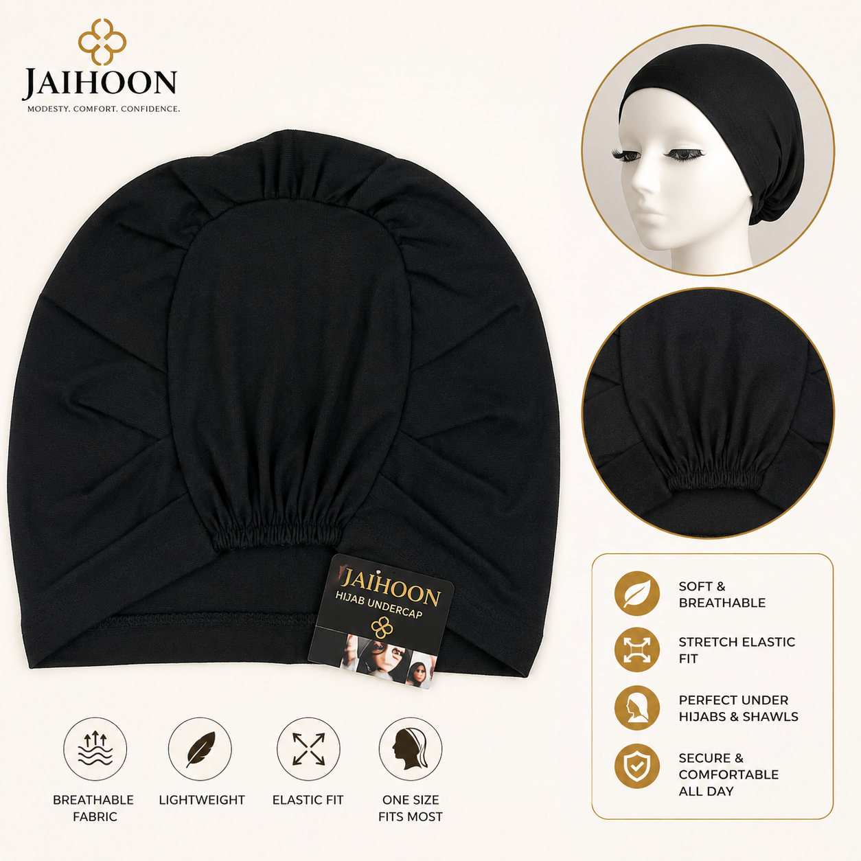 Jaihoon Premium Round Hijab Undercap – Stretch Elastic Bonnet Cap